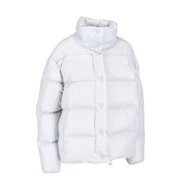 NWT Miu Miu Down Puffer Jacket Gray Nylon Sz 36 All-over Logo Drawstring - Picture 2 of 12